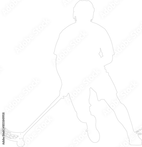 White Outline Silhouette of a Floorball Unihockey Player in Dynamic Sport Action Vector