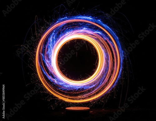 Fiery spiral circular swirl of blue & orange on black