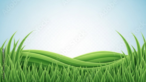 Vibrant green grass landscape with rolling hills under a bright sunny sky with blue horizon