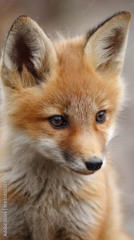 Fototapeta premium sad baby fox innocent sad look, shallow depth of field