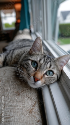 Cat relaxing on a window ledge during a sunny afternoon inside a cozy home