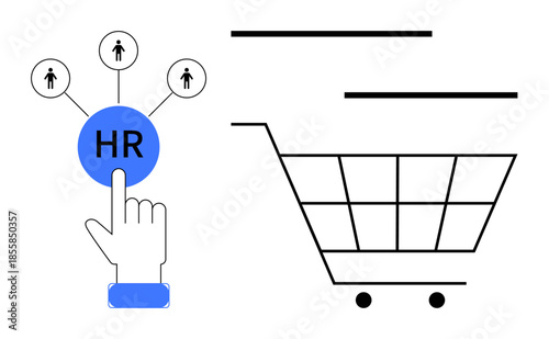 Hand selecting HR icon with interconnected individual symbols alongside a shopping cart. Ideal for recruitment, HR systems, e-commerce, hiring process, online shopping, management, digital