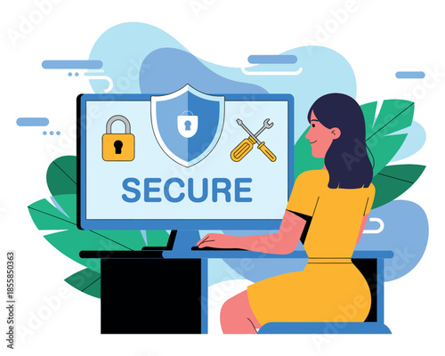 A woman is working on a computer that displays a cybersecurity interface with a lock and shield icons.