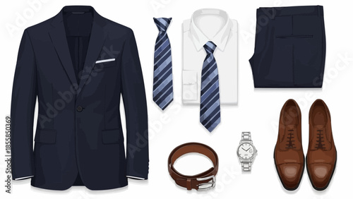 Formal Menswear Outfit Flat Lay With Suit Shirt Tie Shoes and Accessories.