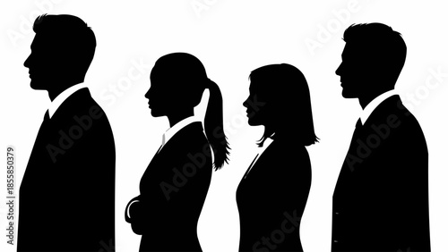 Four business people silhouettes standing in a line facing left.