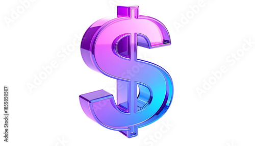 Shiny, 3D dollar symbol in a gradient of purple and blue on a black background