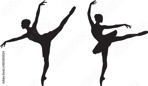 Two Ballerina Silhouettes in Elegant Poses isolated on White Background