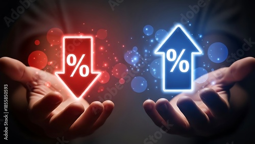 Two hands holding glowing percentage symbols with opposing trends in a dark environment with contrasting colors and bokeh effects