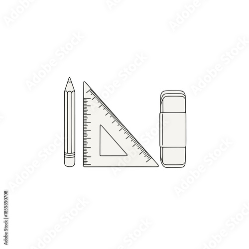 Collection of drawing and drafting tools including a pencil, ruler, and eraser on a white background