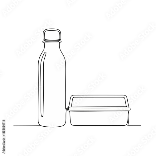 Minimalist continuous line art illustration of a reusable water bottle and a lunch box, representing daily essentials for eco-conscious living and healthy habits