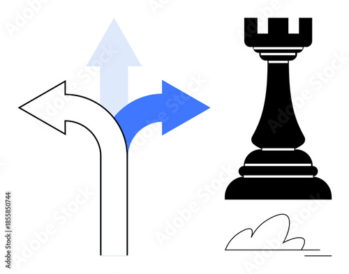 Strategy, decision-making, direction, choice, planning, navigation. Image of a chess rook beside directional arrows. Strategy and decision-making concept through chess and direction