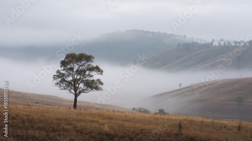 Fog covers hills and a lone tree stands in a field during early morning light in a rural area