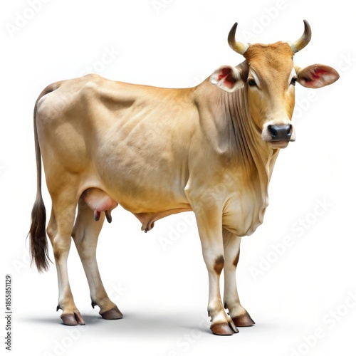 Healthy dairy cow standing against a plain white background in full body view