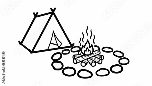 Hand drawn illustration of a camping tent and campfire.