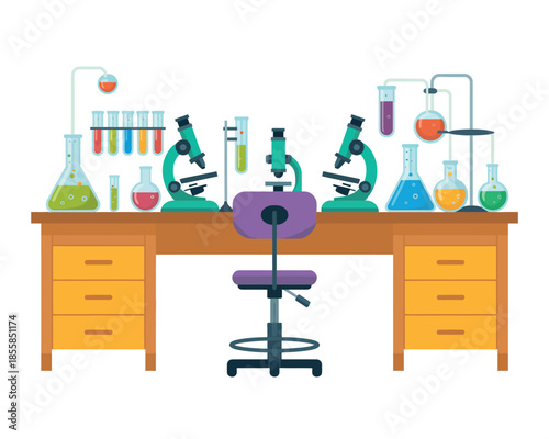 A laboratory bench is set up with microscopes, test tubes, and beakers for scientific experiments.