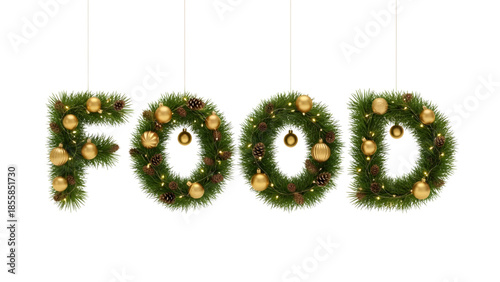 Christmas wreaths spelling out food with gold ornaments and pinecones