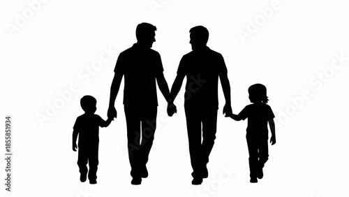 Gay couple holding hands with their two children walking together.
