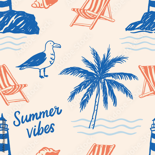 Tropical summer pattern with palm tree, seagull, striped deck chairs, seashell, lighthouse and text "Summer vibes" on beige background. Suitable for summer prints, beachwear, posters and packaging.