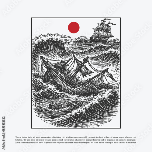 Ships in Storm, Sinking Vessel and Survivor in Raging Sea