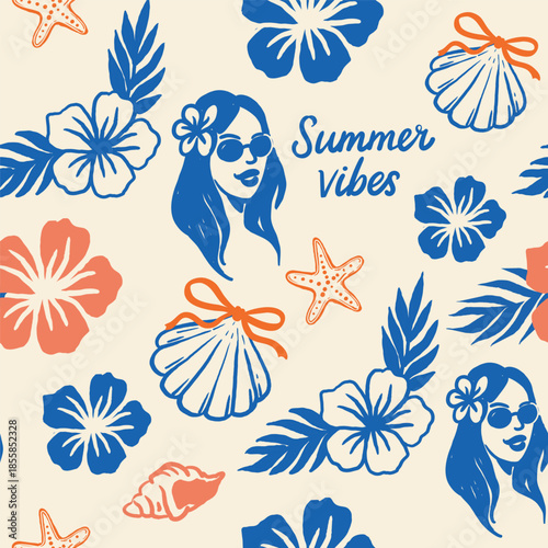 Stylized tropical pattern featuring a girl in sunglasses, hibiscus flowers, palm leaves, shells and starfish on a beige background. Includes handwritten text "Summer Vibes". Suitable for summer prints