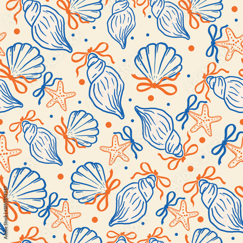 Shells, starfish and bows in orange and blue arranged in a seamless marine pattern on beige background. Cute summer design suitable for textile prints, packaging, wrapping, kids decor and stationery.