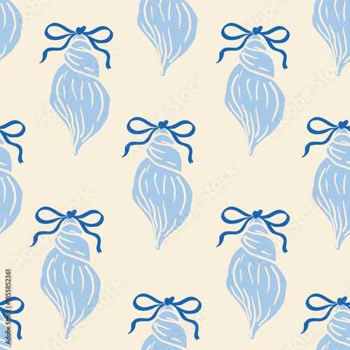 Blue spiral seashells tied with navy blue bows in a seamless pattern on a beige background. Nautical-themed design perfect for fabric, wrapping, beach goods and summer decor.
