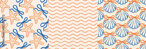 Set of three seamless marine patterns. Starfish with blue bows, wavy orange lines, and scallop shells with orange ribbons on a beige background. Perfect for summer packaging, textiles