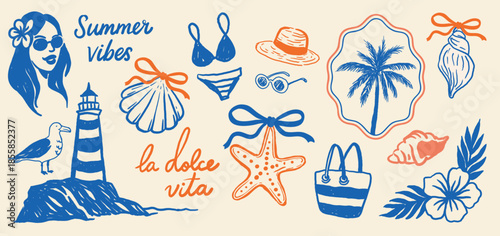 Hand-drawn summer doodle collection with marine and beach elements — shells with bows, palm tree, bikini, bag, lighthouse, sunglasses, and hibiscus. Ideal for travel prints and postcards.