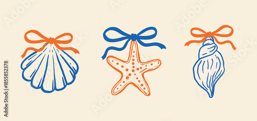 Stylized illustration of three marine elements — a scallop shell, a starfish, and a spiral shell, each tied with a ribbon bow. Minimal flat seaside style. Perfect for summer cards and prints.