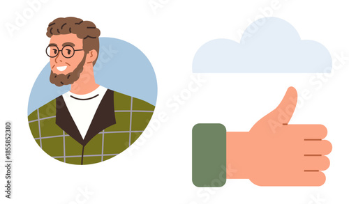 Bearded man in glasses smiling confidently within a circular frame, paired with a hand showing a thumbs-up and a cloud. Ideal for approval, positivity, teamwork, communication, success