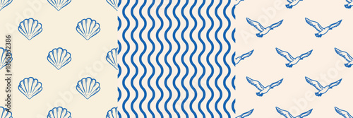 Set of three seamless marine patterns. Blue scallop shells, wavy lines, and seagulls in flight on light backgrounds. Ideal for nautical-themed designs, textile prints, and beach packaging.