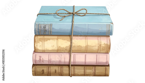 Stack of old books, tied with twine. Pastel colors. Artistic, watercolor-like aesthetic