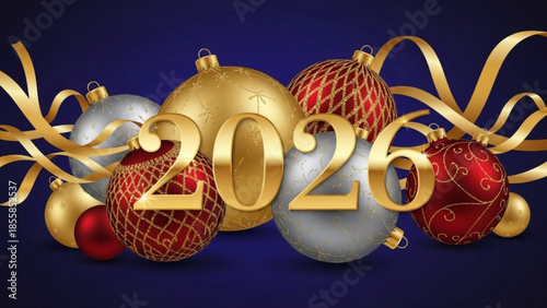 New year 2026 celebration with shiny red, gold, and silver christmas ornaments on dark blue background with golden ribbons