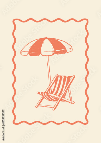 Vertical postcard with hand-drawn beach umbrella and striped deck chair. Coral outline on beige background. Summer tourism, travel promo, or restaurant menu template in seaside style.