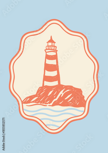 Hand-drawn lighthouse on a rocky island with wavy sea at the bottom. Coral and beige color scheme. Framed vintage postcard or summer template in nautical style on blue background.