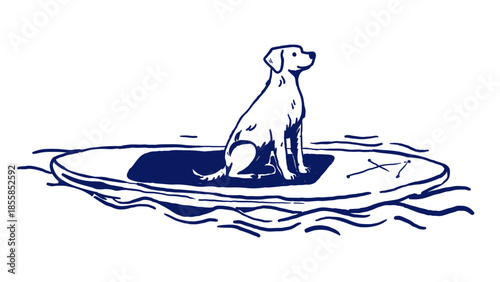 Line art illustration of a dog sitting calmly on a paddle board floating on water. Simple summer scene in minimalist style, drawn with bold blue lines on white background.