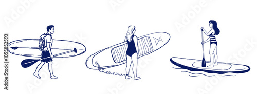 Three minimalist line art illustrations of people with SUP boards in various poses: walking with a board, standing on a paddleboard, and carrying it. Summer outdoor activity theme, white background.