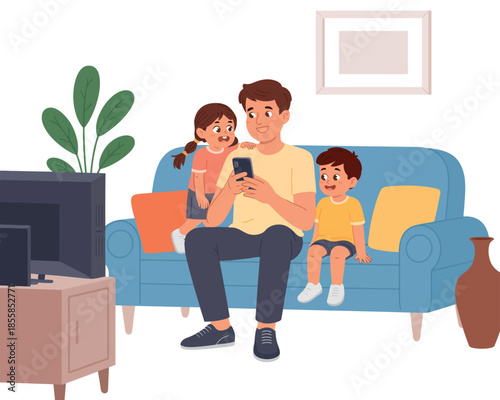 A father and his two young children are sitting on a sofa in a living room, looking at a smartphone.