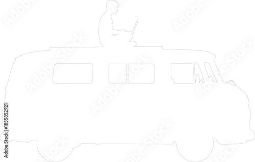 Line Art Vector of Digital Nomad Working on Laptop on the Roof of a Retro Camper Van
