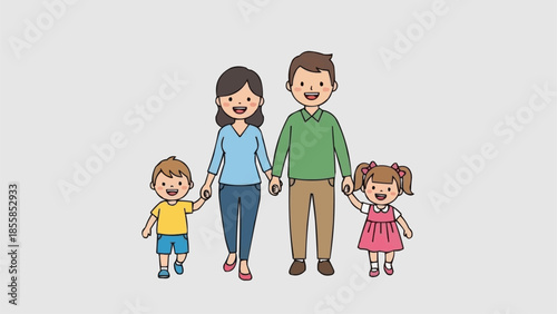 Happy cartoon family holding hands with parents and two children.