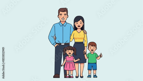 Happy cartoon family of four posing together smiling.