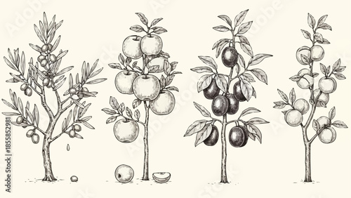 Four Vintage Botanical Illustrations of Fruit Trees.