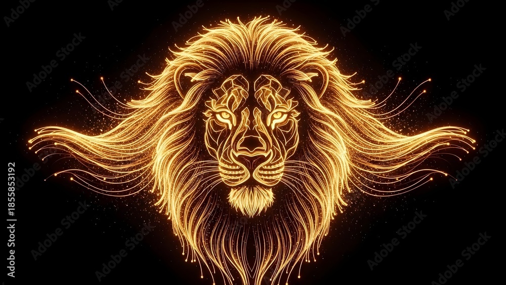 Obraz premium Neon Plexus Lion Desktop Wallpaper, Digital Sci-Fi Glowing Animal Illustration