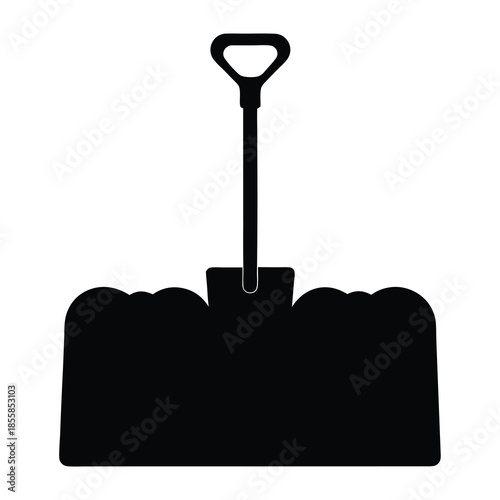 Monochromatic illustration of a snow shovel plowing through a mound of snow