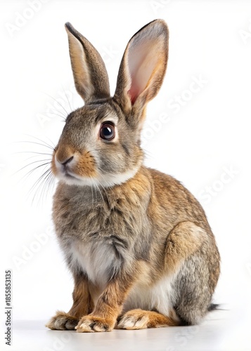 Ram with large curved horns standing in profile on white background