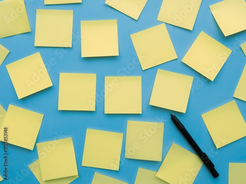 Wallpaper Mural blank yellow sticky notes scattered across a vibrant blue surface, with a pen resting nearby Torontodigital.ca