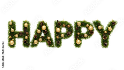 Festive Christmas decorations spelling out happy in gold and green