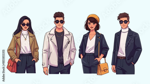 Four Stylish People Posing Together Wearing Trendy Outfits.