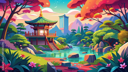 Very beautiful scene of the Japanese Kyoto Garden in Holland Park, London, filled with bright colors, flowing water, lush plants, and a peaceful atmosphere within the urban environment.
