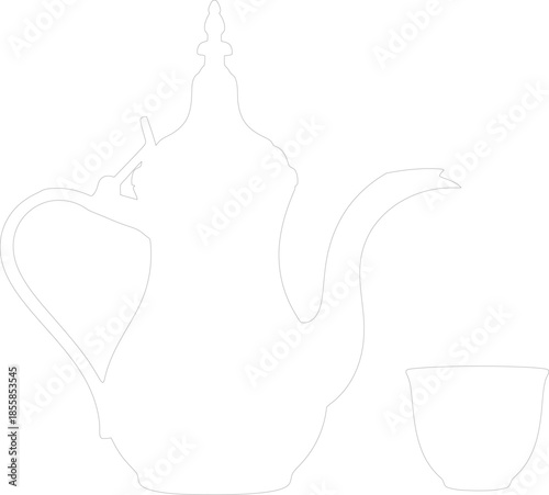 Traditional Arabic Coffee Pot Dallah and Cup Finjan Outline Vector Graphic